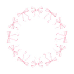 pink bows. Watercolor round frame on white background for textile, wrapping paper. Cute children's illustration in pastel colors