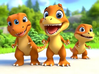 Fototapeta premium Cartoon dinosaurs. Cute dino, dinosaur and palm. Colorful wildlife characters, prehistoric predator. Humorous baby animals, vibrant modern collection