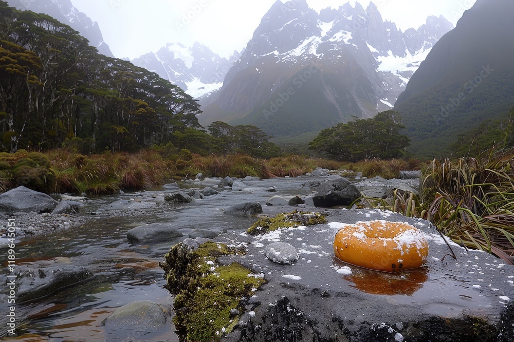 Poster a small orange object is sitting on a rock in front of a river
