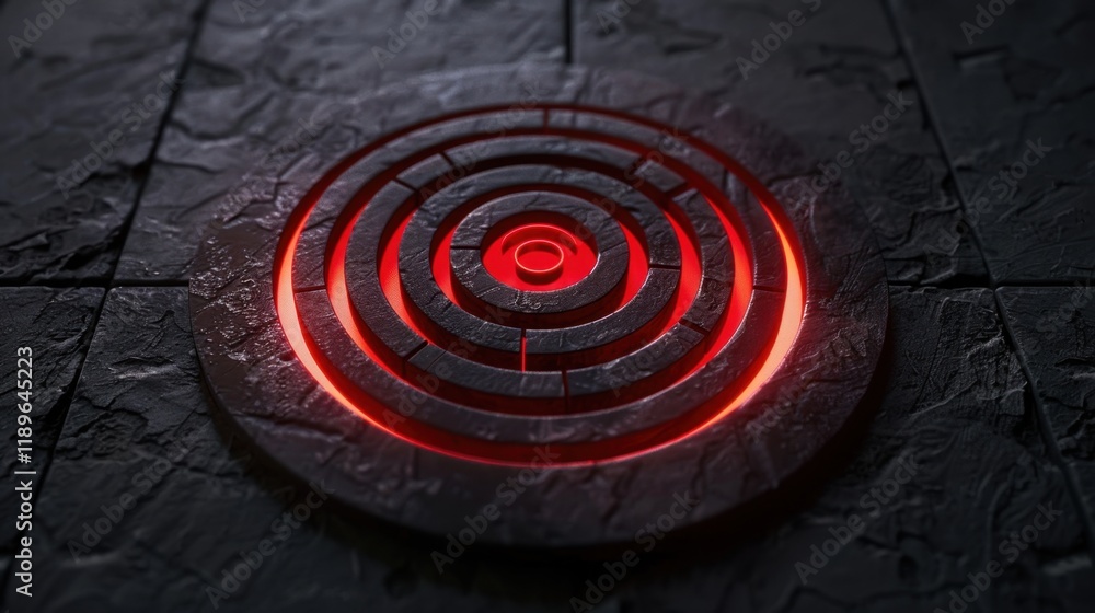 Poster circular maze design with glowing red rings on textured dark surface creates striking visual effect.