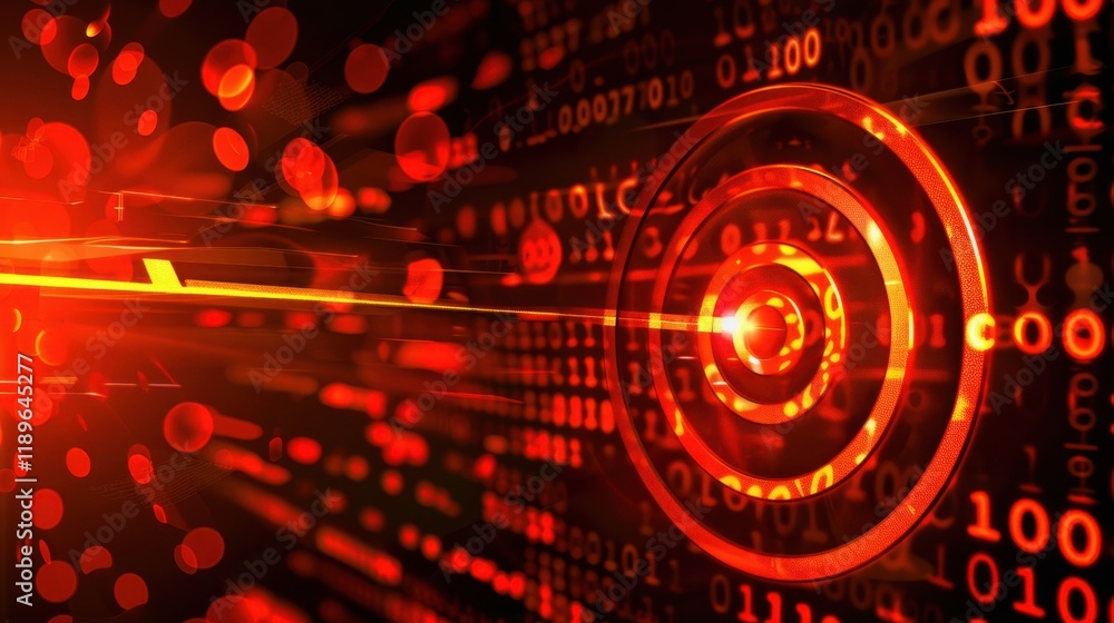 Poster abstract digital background with red binary code and target symbol, representing technology and data