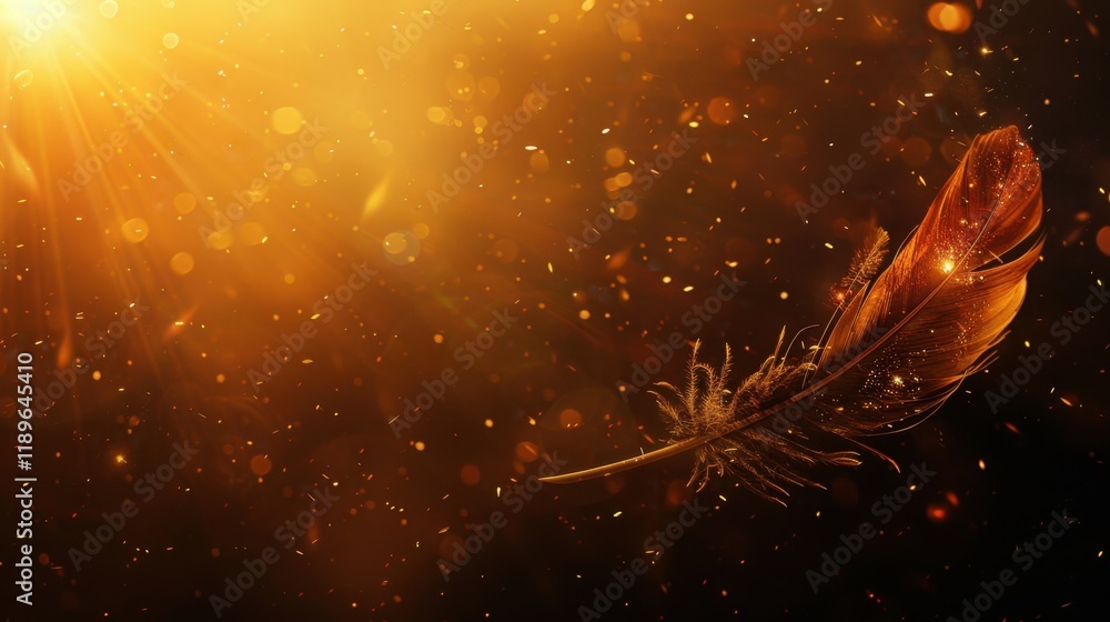 Poster delicate feather glimmers in golden light, surrounded by sparkling particles, creating magical and e