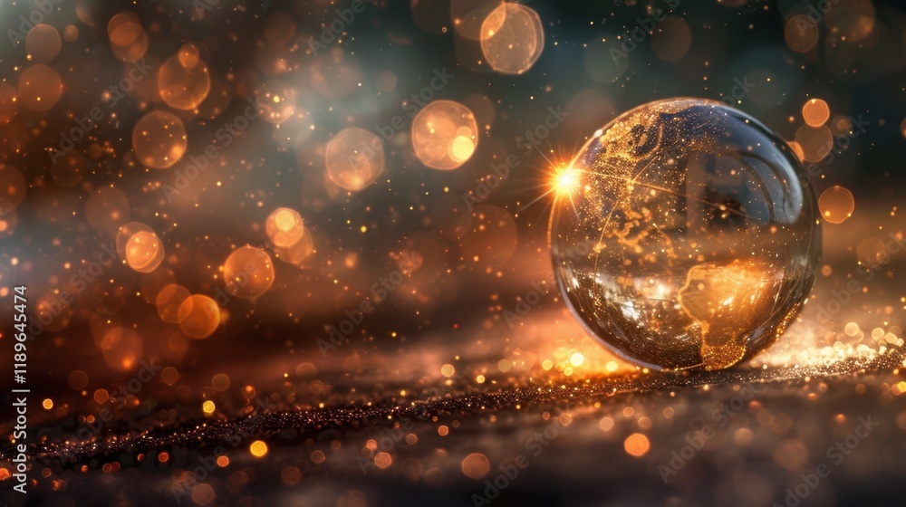 Poster crystal globe reflecting sparkling background with warm bokeh lights creates magical atmosphere. int
