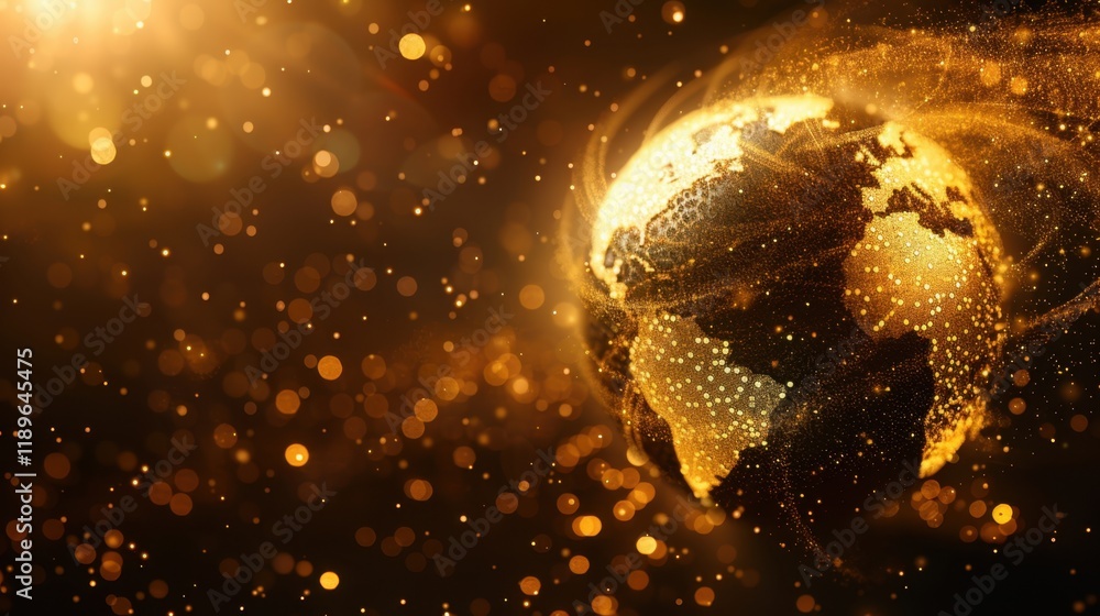 Poster golden globe with sparkling particles and light effects, representing global connectivity and techno
