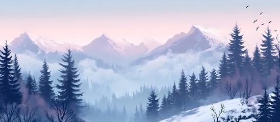 Obraz premium Misty mountain sunrise, snowy forest, birds flying, winter landscape, phone wallpaper
