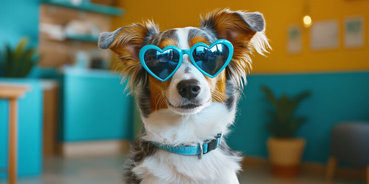 An adorable dog sporting vibrant blue heart-shaped sunglasses, comfortably seated in a stylish living room adorned with colorful and lively decor elements.