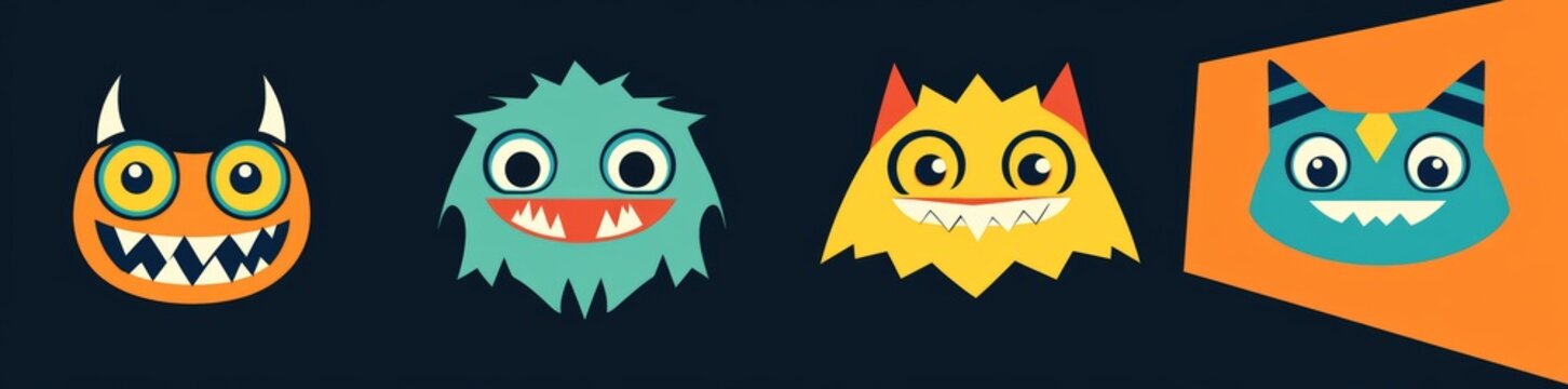 A Happy Halloween card showcasing a monster with a squared head and multiple emotion icons like boo, spooky, screaming, smiling, and sad faces. The design includes eyes, teeth, fangs, and a mouse in