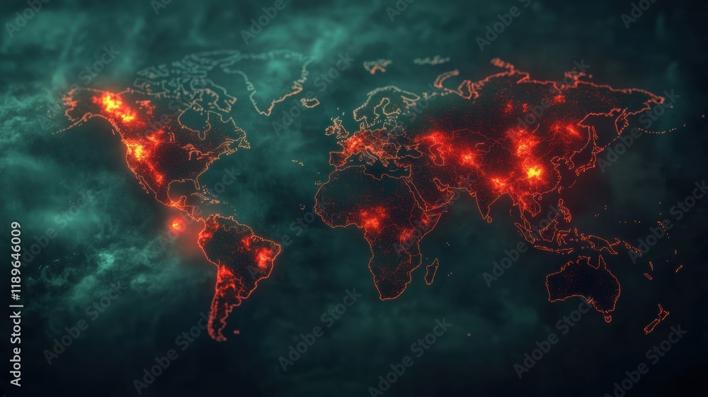 Poster world map showcasing epidemic outbreak zones with highlighted regions indicating severity and spread