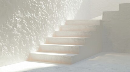 serene interior scene featuring white stairs illuminated by soft light, creating calm and minimalist atmosphere. textured walls enhance tranquil setting