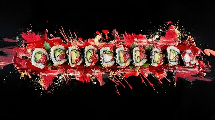 A vibrant sushi platter displayed artistically on a black background.