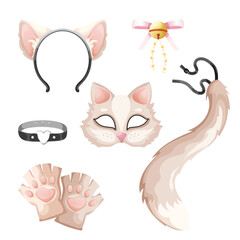 Animal cosplay set with cat mask. Therian subculture set. Quadrober clothes, accessories. Furry costume kit including animal face mask, fluffy tail, plush paw gloves for quadrobic, Halloween, role