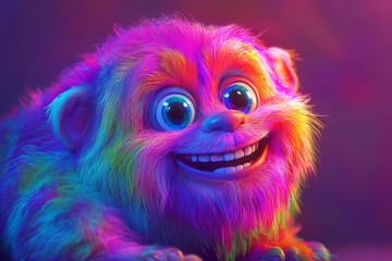 A playful 3D cartoon monster with a multicolored gradient, fluffy, and furry appearance