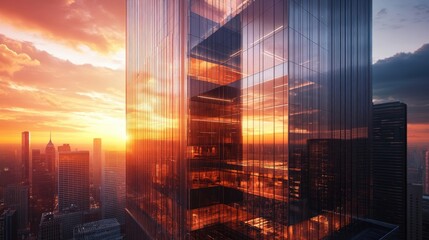A striking image of a modern skyscraper housing a law firm, reflecting professionalism and ambition, captured at sunset,