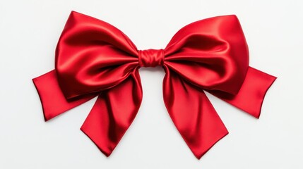 Fototapeta premium Red satin ribbon with bow isolated on white, top view