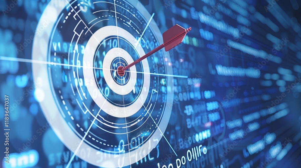 Poster digital target with arrow hitting center, representing precision and focus in data analysis and tech