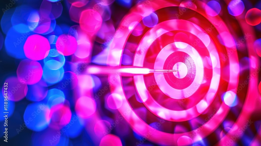 Poster vibrant dartboard with dart hitting center, surrounded by colorful bokeh lights, creates dynamic and