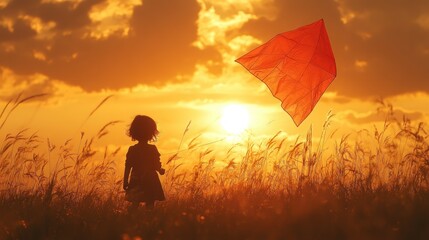 Silhouette of a child in a field watching an orange kite fly at sunset.