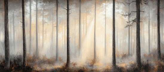 Misty sunrise forest path; sunbeams through trees; nature print