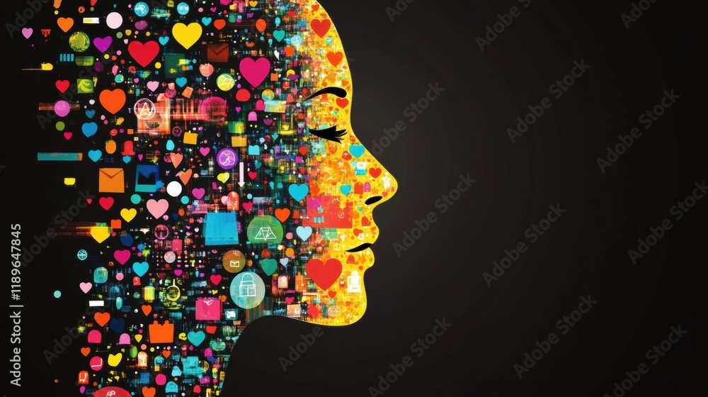 Poster colorful icons form a stylized human face showcasing digital expressions and modern communication. g