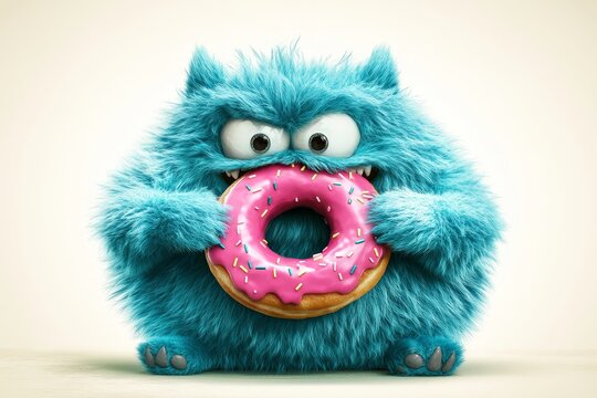 A charming blue, plump baby monster savoring a donut; perfect for National Donut Day or Fat Thursday ads and menu covers