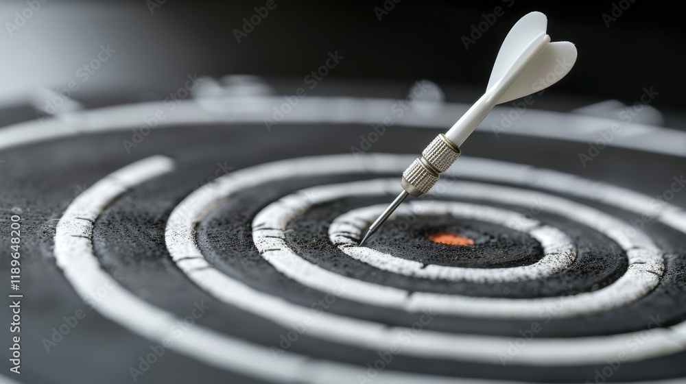 Poster close up of dartboard with dart hitting center, symbolizing precision and focus. concentric circles 