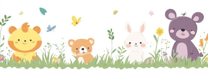 Cute border, kids decoration. Amusing abstract child banner design featuring creative elements, cheerful animals, and playful doodles. Modern flat illustration set against a white background