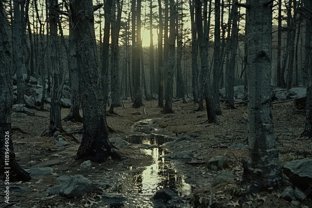 Poster a forest with a stream running through it