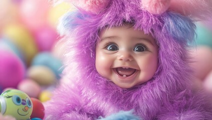 Fototapeta premium Cheerfully smiling baby in a colorful pink and purple monster costume surrounded by soft toys