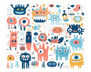 Fototapeta premium Set of charming little cartoon monsters featuring diverse shapes, colors, and faces