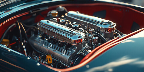 Fototapeta premium Close-up view of a classic car engine with polished chrome components, reflecting light and showcasing intricate mechanical details.