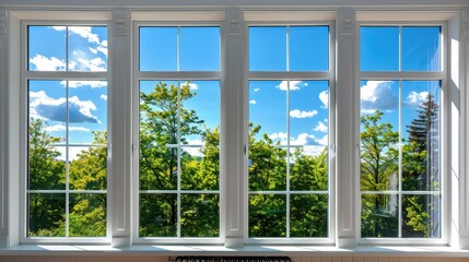 Bright and airy view through large windows showcasing lush green trees and clear blue sky, creating serene and peaceful atmosphere