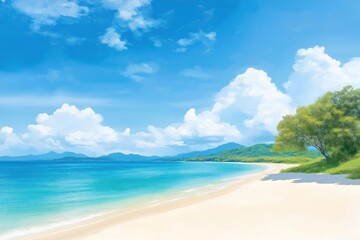 Fototapeta premium Beautiful beach scene shows calm turquoise water lagoon. White sand beach stretches to horizon under clean blue sky with fluffy clouds. Green trees line shore. Perfect summer day for relaxation,