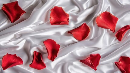 Fototapeta premium Red rose petals scattered on smooth white satin fabric create romantic and elegant atmosphere, perfect for special occasions or intimate settings