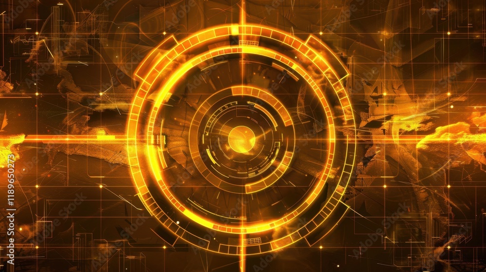 Poster futuristic digital interface with glowing orange circular patterns and lines, representing technolog