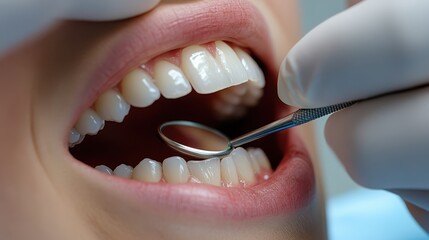 Doctor checking young woman's teeth color, closeup. Dental veneers