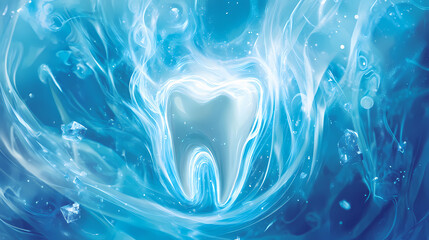Illuminated white tooth enveloped in swirling light patterns, evoking a feeling of cleanliness and vibrancy against a backdrop of soothing blue tones. Crystalshade. Illustration