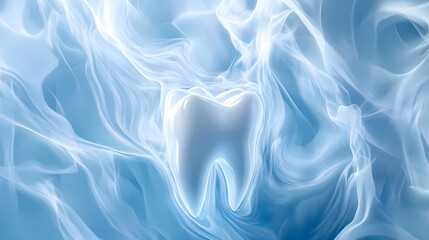 Illuminated white tooth enveloped in swirling light patterns, evoking a feeling of cleanliness and vibrancy against a backdrop of soothing blue tones. Crystalshade. Illustration