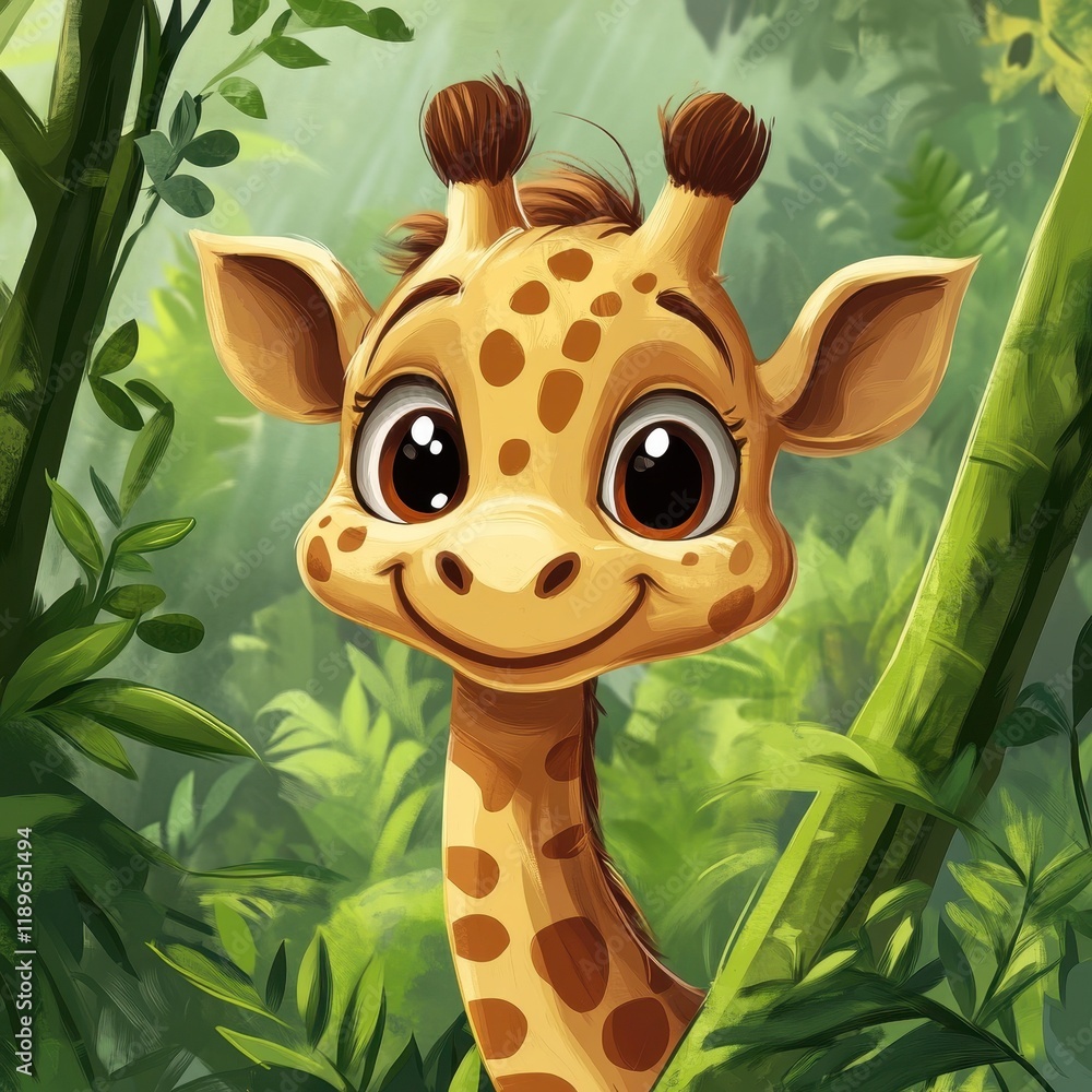 Wall mural Adorable Baby Giraffe Hiding in Lush Green Jungle