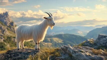 Fototapeta premium A contented goat standing on a hilltop, overlooking a picturesque landscape.