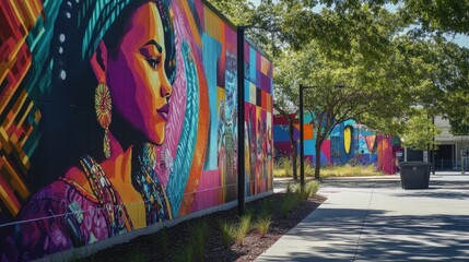 Fototapeta premium A colorful street mural celebrating womena??s achievements, showcasing vibrant art and positive messages in an urban setting.