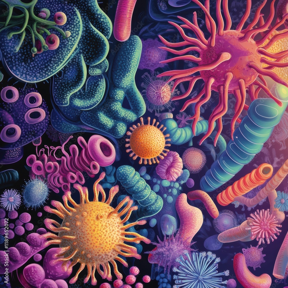 Poster fascinating world of microscopic microbes displaying diverse shapes and textures in vibrant colors a