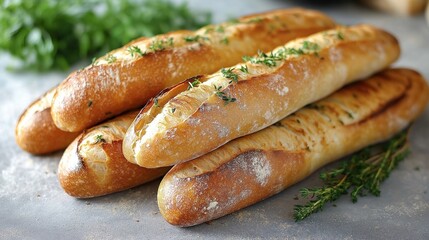 Four artisanal baguettes rest on grey surface. Fresh herbs decorate bread. Bread looks delicious, ready for sale. Image perfect for bakery promotion. High-quality close-up view displays texture,