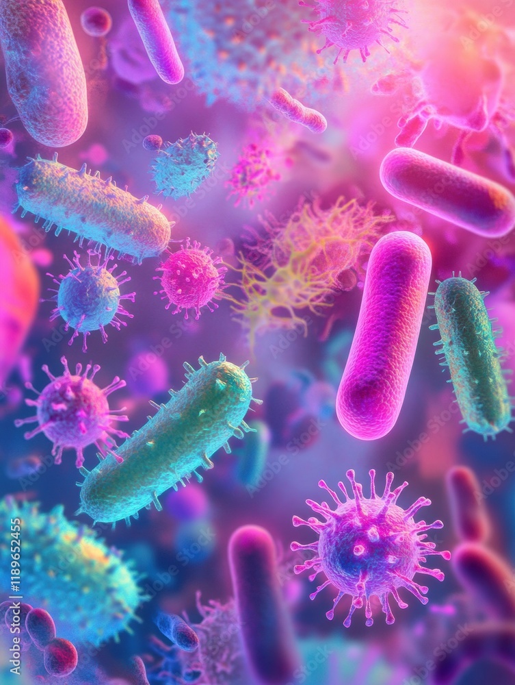 Fototapete colorful illustration of diverse microscopic microbes displaying various shapes and textures in a vi