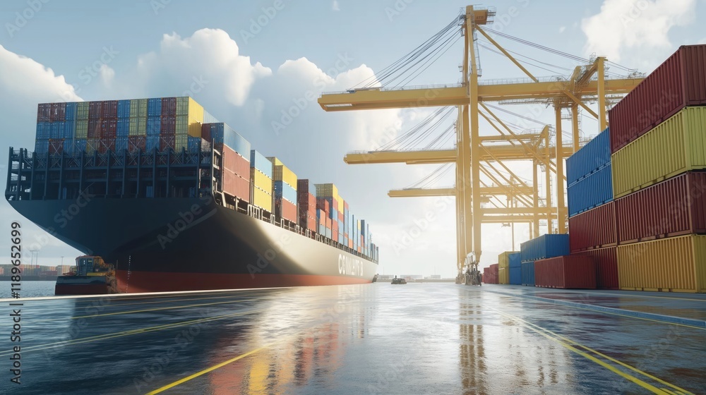 Poster large container ship docked at port for unloading. cargo containers stacked neatly beside ship. cran
