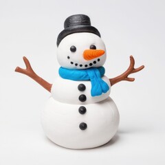 A cheerful snowman with a black hat, blue scarf, orange carrot nose, and two stick arms, smiling against a white background