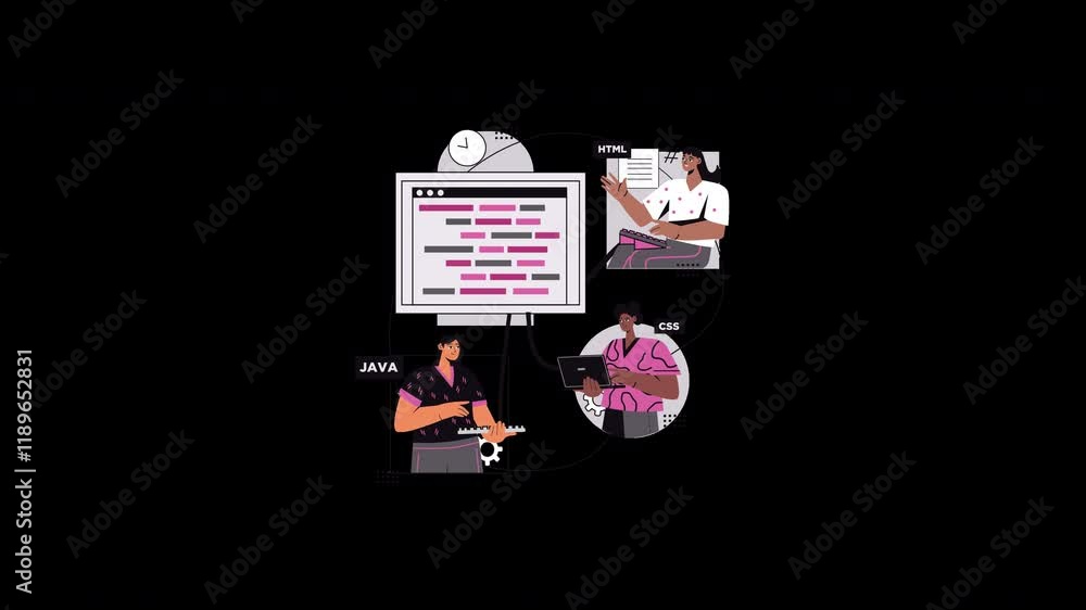 Poster diverse group of coders creating a website with java, html, and css in a modern workspace setting.