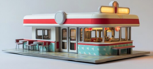 Retro diner miniature model with outdoor seating.