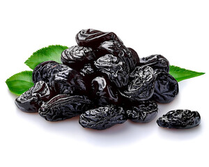 Dried black pitted plums, isolated on white background