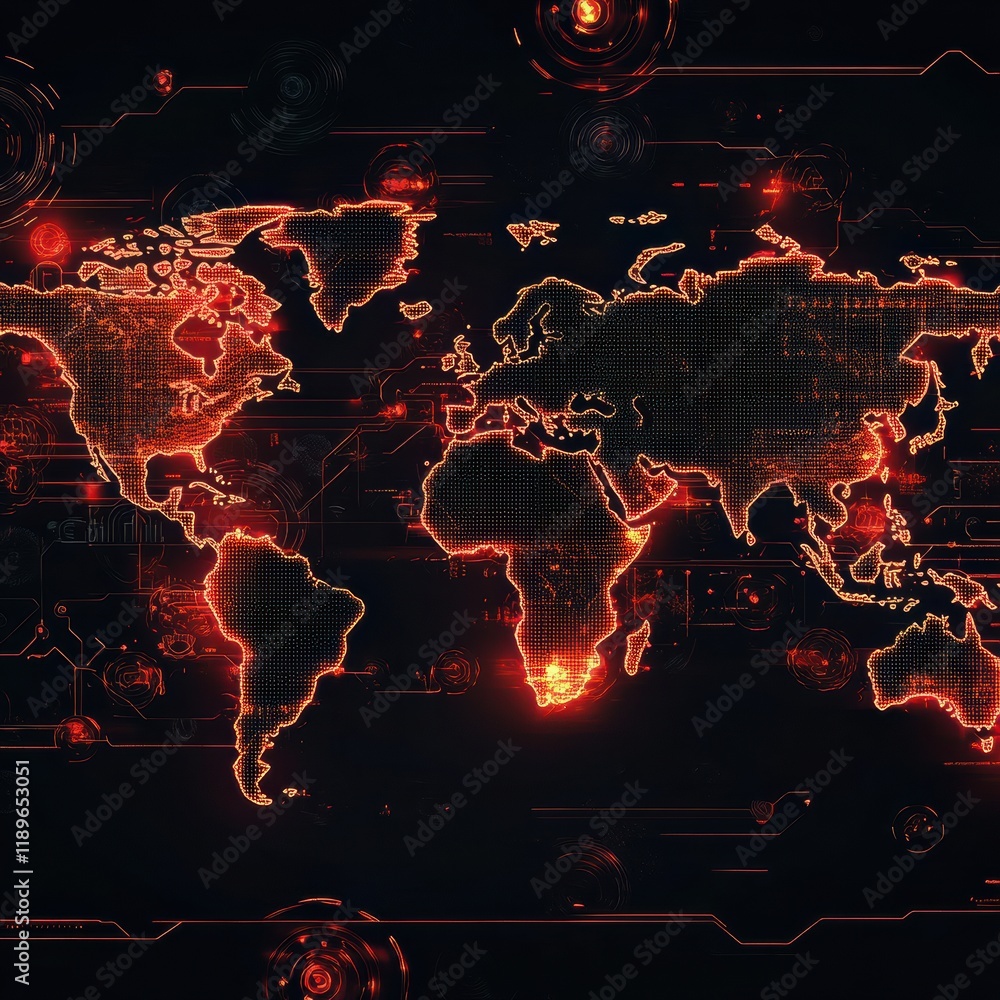 Aufkleber world map highlighting zones of epidemic outbreaks in red and orange tones across regions. generativ