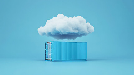 a fluffy white cloud hovering above a blue shipping container on a bright blue background representing modern cloud concepts
